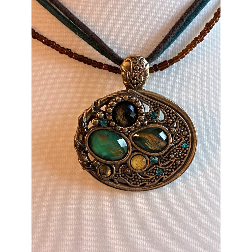Bronze Tone Oval Green Stone Bezel Pendant Cord Necklace 16in Adjustable Boho